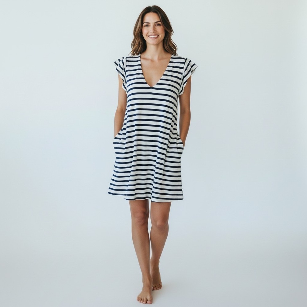 Monteau Los Angeles Striped Flutter Sleeve Dress coastal nautical
preppy SZ M